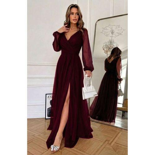 Kadın Uzun Kollu Kruvaze Yakalı Belden Kuşaklı Tüllü Uzun Ithal Krep Elbise