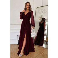 Kadın Uzun Kollu Kruvaze Yakalı Belden Kuşaklı Tüllü Uzun Ithal Krep Elbise