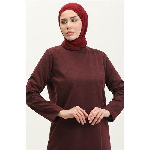 Kruvaze Bisiklet Yaka Sade Basic Tunik Panolon İkili Takım - 03076.020 - Mürdüm