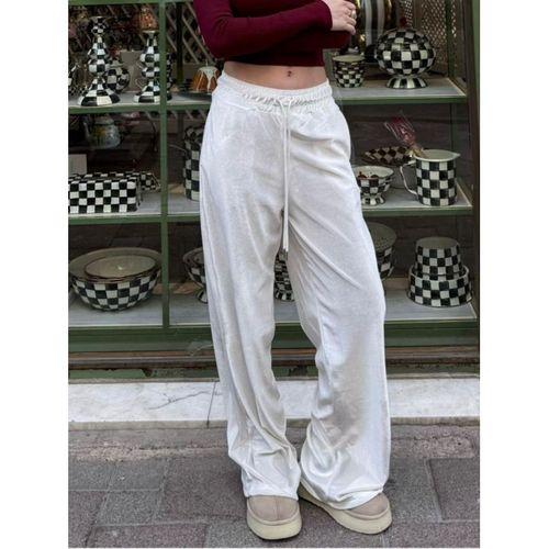 Kadın Yüksek Ben Beli Lastik Detay Kadife Kumaş Bol Paça Pantolon