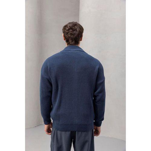 Woody Oversize Selanik Örme Fermuarlı Erkek Hırka- İndigo