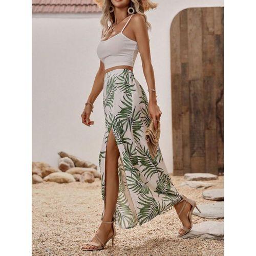 Kadın Ip Askılı Yuvarlak Yaka Kısa Viskon Bluz Ve Desenli Yırtmaçlı Süprem Etek Ikili Takım