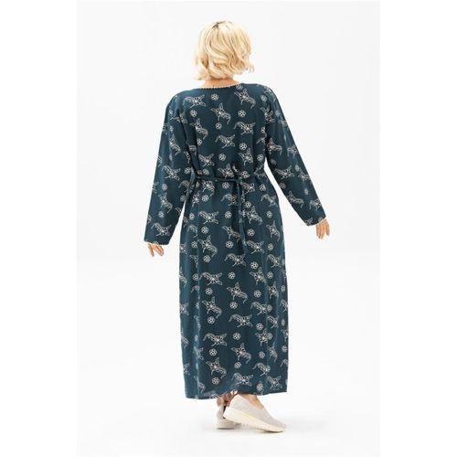 Uzun Kol Şile Bezi Baskılı Uzun Yazlık Elbise Serpme Desen Petrol Ptrl