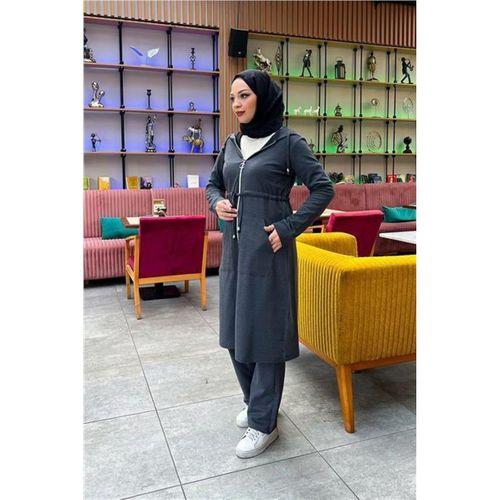 Kapşonlu Belden Bağlamalı Fermuarlı Sade Basic Uzun Tunik ve Pantolon İkili Spor Takım - 03065.017 - Antrasit