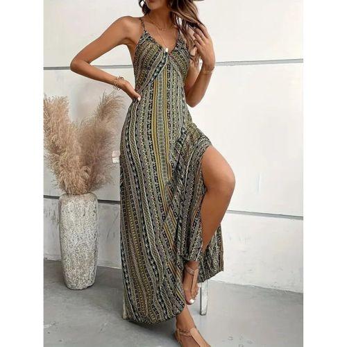 Kadın Ip Askılı Sırttan çapraz Detaylı Yırtmaçlı Desenli Süprem Elbise