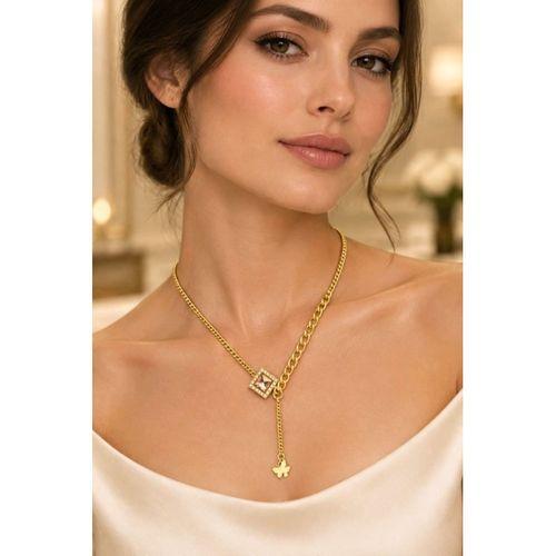 Gold Renk Kelebekli Taşlı Çelik Kolye