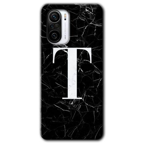Xiaomi Redmi K40 Pro Kılıf HD Desen Baskılı Arka Kapak + Temperli Cam - Siyah Mermer Desenli T Harfi