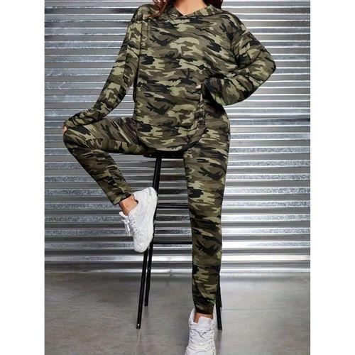 Kadın Uzun Kollu Kapşonlu Kamuflaj Desenli Bluz Ve Pantolon Tayt Ikili Takım