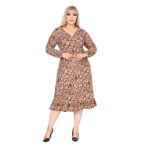 Melsay Butik Yumoş Kumaş Kruvaze Yaka Somon Çiçek Desen Eteği Fırfırlı Midi Elbise