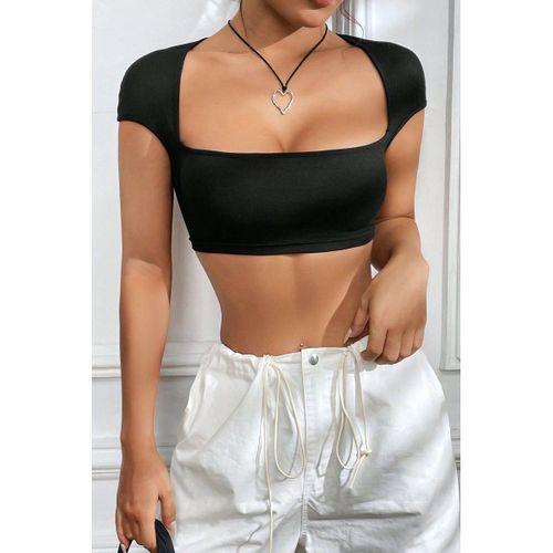 Kadın Siyah Sırt Dekolteli Ve Boyundan Bağlamalı Yarım Kol Crop Top Bluz