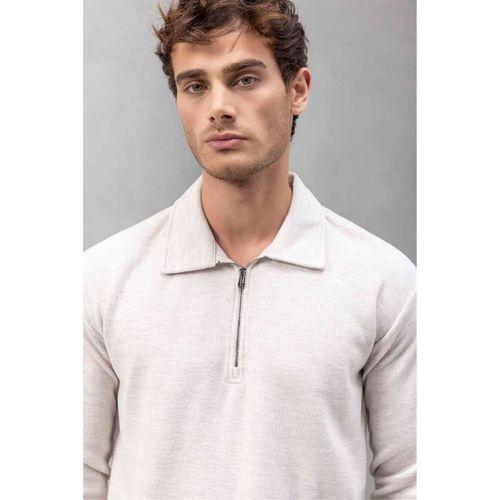 Eric Relax Fit Yarım Fermuarlı Polo Yaka Selanik Kumaş Erkek Sweatshirt - Taş