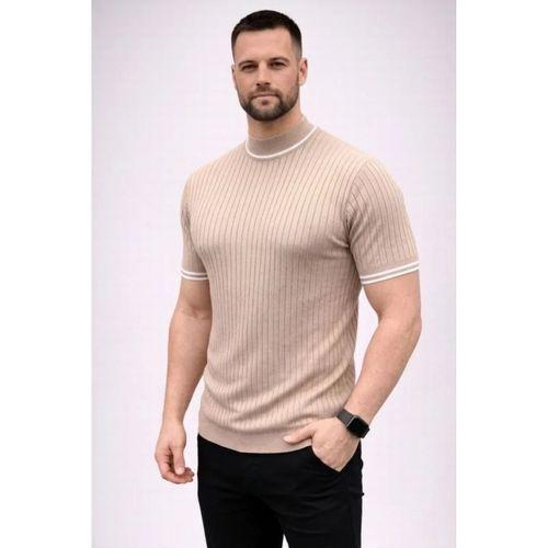 Erkek Fitilli Triko Dokuma Kısa Kol Tişört Yarım Boğaz Modern Yazlık T-Shirt - Bej