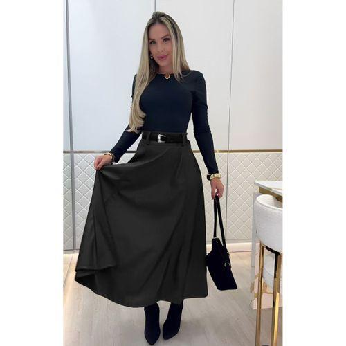 Kadın Yüksek Belli Maxi Deri Kemersiz Etek