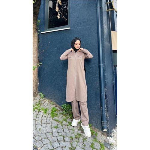 Fermuarlı Uzun Tunik Pantolon Spor İkili Takım - 03058.016 - Vizon