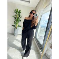 Kadın Uzun Kollu Tek Omuzdan Açık Modal Bluz Ve Pantolon Ikili Takım