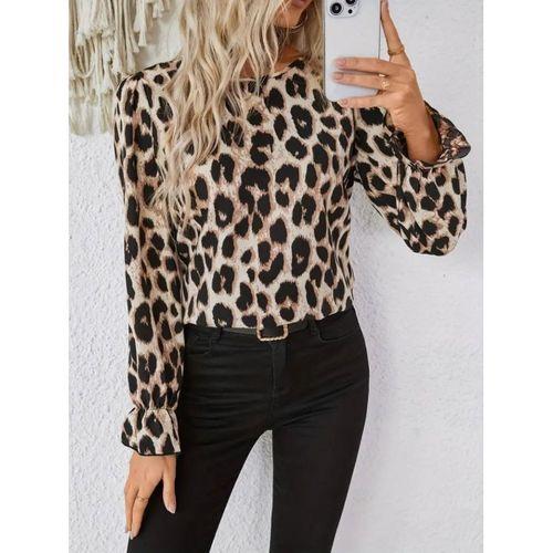 Kadın Uzun Kollu Arkadan Fiyonk Detaylı Leopar Desenli Süprem Bluz
