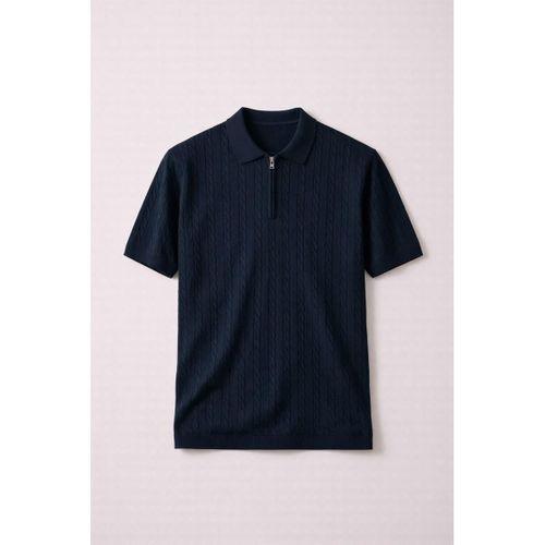 Burke Saç Örgü Yarım Fermuarlı Kısa Kollu İnce Triko Erkek T-Shirt - Lacivert