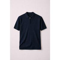 Burke Saç Örgü Yarım Fermuarlı Kısa Kollu İnce Triko Erkek T-Shirt - Lacivert