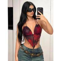 Kırmızı Siyah Desenli İnce Askılı Üçgen Kesim Crop