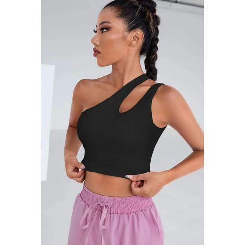 Kadın Siyah Modern Fit Tek Omuz Cut Out Detaylı Crop Top Bluz