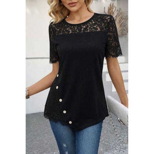 Kadın Kısa Kollu Dantel Detaylı Yandan Düğmeli Waffle Bluz