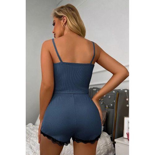 Kadın Lacivert Alt Ve Üst Dantel Detaylı Şortlu Gecelik Takımı