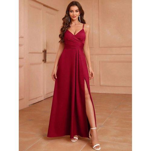 Kadın Ip Askılı Kruvaze Yakalı Yırtmaçlı Uzun Ithal Krep Elbise