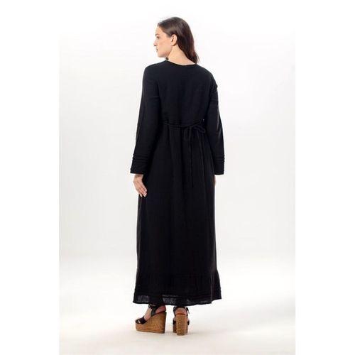 Uzun Kol Dora Yuvarlak Yaka Düğmeli Çift Cepli Yazlık Uzun Müslin Elbise Siyah Syh