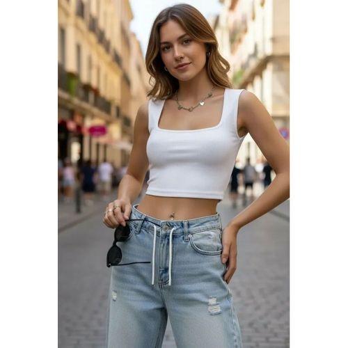 Kadın Beyaz Premium Görünümlü Kare Yaka Kalın Omuz Detaylı Crop Top Bluz