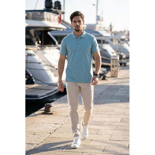 Orlando Polo Yaka Pike Kumaş Relaxed Fit Basic Düğmeli Relaxed Fit Erkek T-Shirt - Açık Mavi