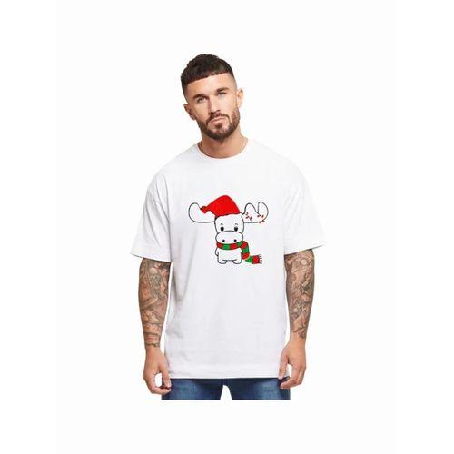 Yılbaşı Noel Ren Geyiği Baskılı Kısa Kollu Oversize Bisiklet Yaka T-shirt - Beyaz