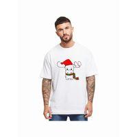 Yılbaşı Noel Ren Geyiği Baskılı Kısa Kollu Oversize Bisiklet Yaka T-shirt - Beyaz