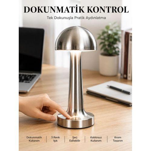 Mantar Masa Lambası Dokunmatik 3 Renk Işık  Kablosuz Modern Krom Tasarım Yeni Nesil