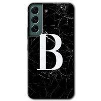 MRCİLETİSİM Samsung Galaxy S22 Plus Kılıf HD Desen Baskılı Arka Kapak + Temperli Cam - Siyah Mermer Desenli B Harfi