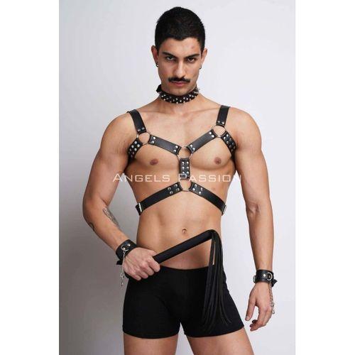 Kırbaç Ve Çivili Choker Detaylı Erkek Fantazi Giyim, Deri Erkek Harness Takım - Brfm102