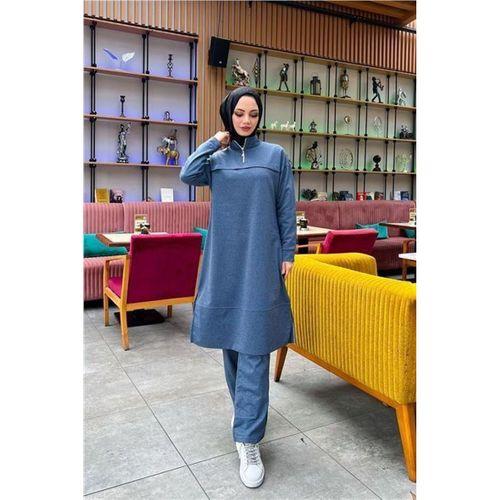 Dik Yaka Kısa Fermuarlı Yırtmaçlı Sade Basic Uzun Tunik ve Pantolon İkili Spor Takım - 03062.006 - İndigo