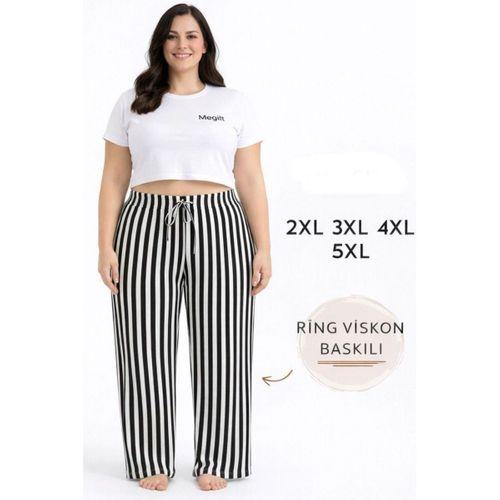 Viskon Pamuklu Kadın Büyük Beden Siyah Çizgili Pijama Pantolon - MGB001 - Mudanis