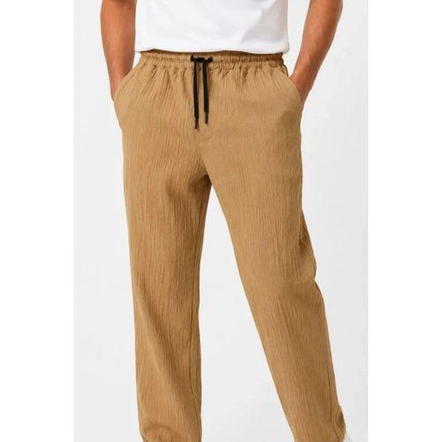 Erkek 2li Bürümcük Kumaş Beli Lastikli Bağcıklı Bol Paça Pantolon - Beyaz/Vizon