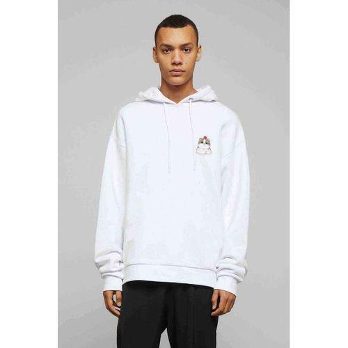 Kedi Sevimli Göğüs Baskılı Beyaz Erkek Kapşonlu Sweatshirt