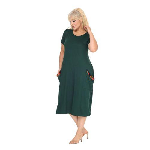 Melsay Butik Zümrüt Püsküllü Cepli Kısa Kollu Midi Elbise