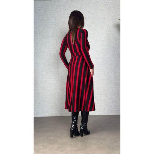 Kadın Uzun Kollu Kruvaze Yaka Kemer Dahil çizgili Triko Elbise