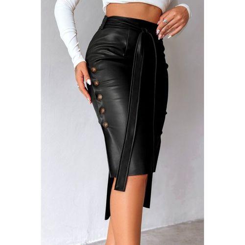Kadın Yüksek Bel Kuşaklı Yanlardan Düğmeli Mini Deri Etek