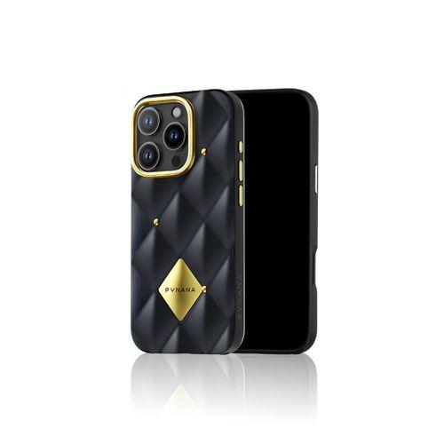 Apple iPhone 16 Pro Kılıf Parlak Arka Yüzeyli Kabartma Tasarımlı Kapitone Pynana Metal Diamond Serisi Kapak