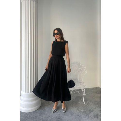 KETEN KOLSUZ BLUZ - MAXİ ETEK TAKIM - Siyah