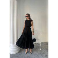 KETEN KOLSUZ BLUZ - MAXİ ETEK TAKIM - Siyah