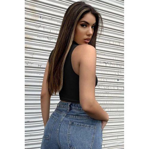 Kadın Siyah Yarım Fermuarlı Sıfır Kol Crop Top Bluz
