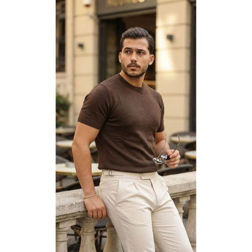 Erkek Basic Bisiklet Yaka Kısa Kollu Triko Tişört - %100 Pamuk Akrilik