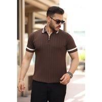 Erkek Yaka Ve Kolları çizgi Detaylı Fermuarlı Kısa Kollu T-shirt