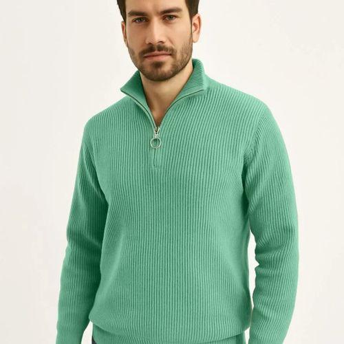 Erkek Fitilli Triko Kazak 2’li Set –  Mint Yeşili - Siyah, Kalın Dokuma Pamuklu Regular Fit V Yaka Fermuarlı Uzun Kollu Rahat Kışlık Kazak Kombini