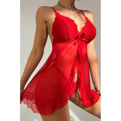 Kadın Kırmızı Dantelli, Fırfırlı Tül Ve Fiyonk Detaylı Tangalı Gecelik Takımı